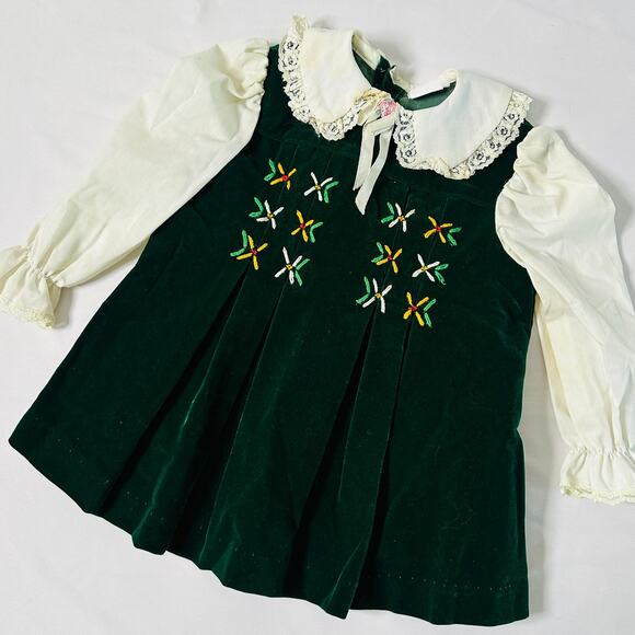 Vintage Hand Smocked by Pioneer Deep Green Velvet Embroidered Collared Dress - Picture 1 of 13